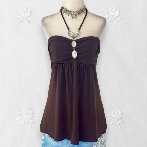 BCX Made in USA Early 2000's Dark Brown Cinched Babydoll Rhinestone Halter Top L - Picture 1 of 8